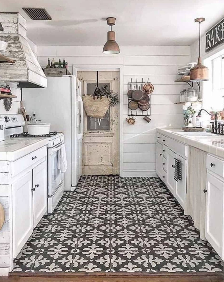 Black and White Galley with Patterned Tile Floor