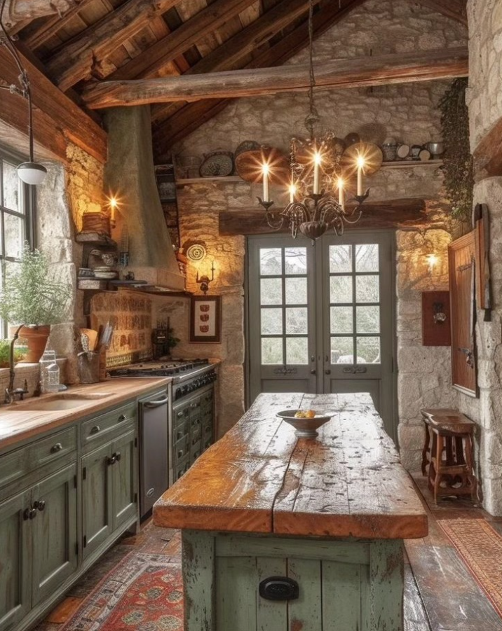 Stone Cottage Kitchen with French Doors