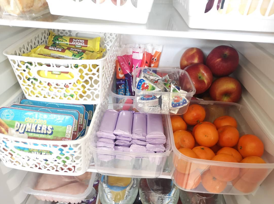 Fridge Snack Organization with Bins and Baskets