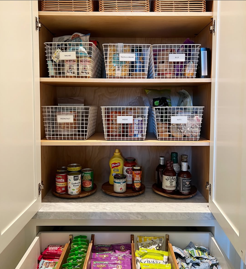 Cabinet Pantry with Wire Baskets and Lazy Susans