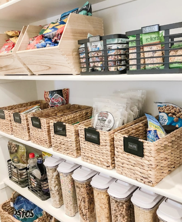 Woven Basket and Crate Pantry Snack Setup