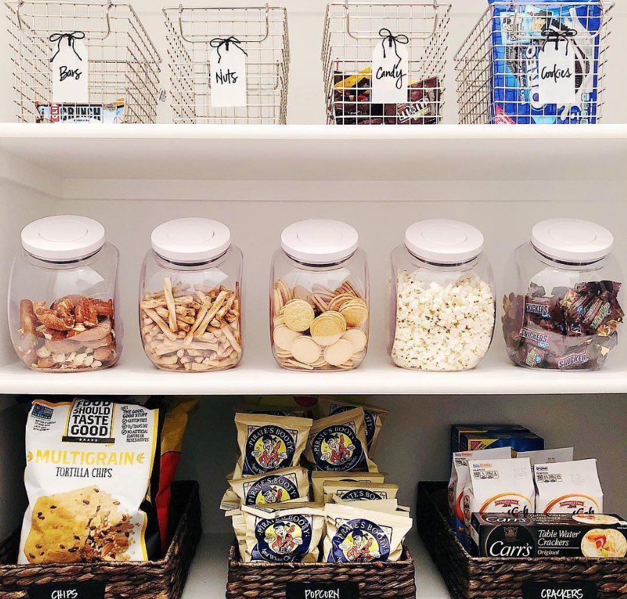 Glass Jars and Wire Basket Pantry Shelf
