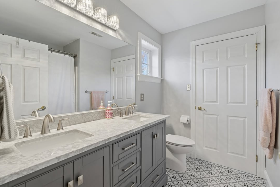 Contemporary Gray Double Sink Bathroom