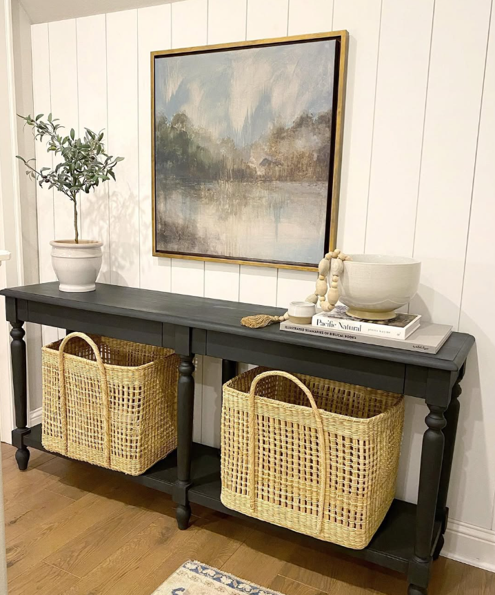 Classic Console with Woven Basket Storage