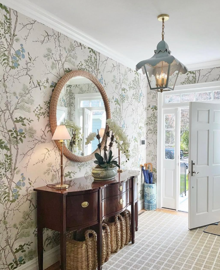 Romantic Wallpapered Entry with Vintage Furnishings