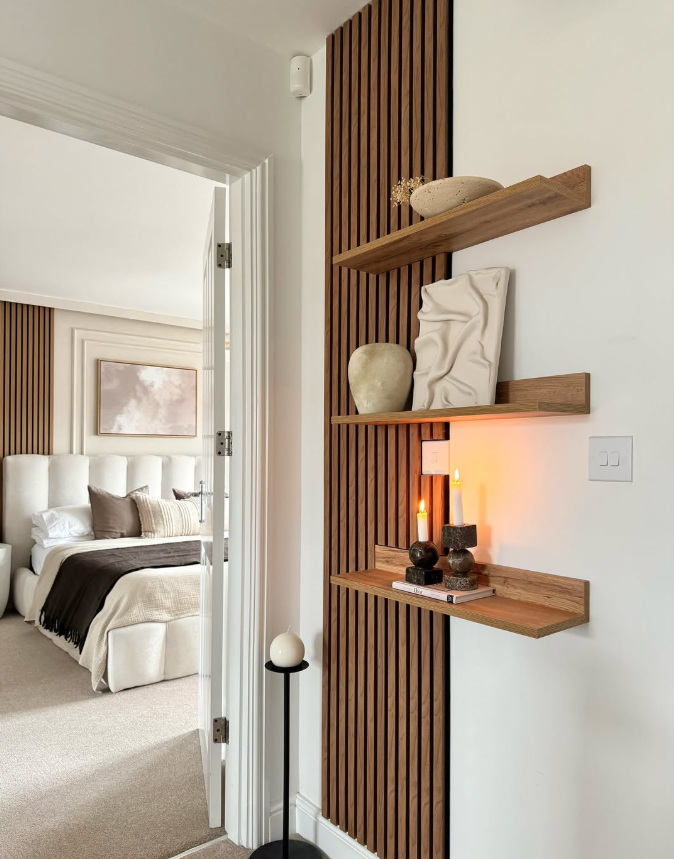 Wooden Slat Wall with Floating Shelves