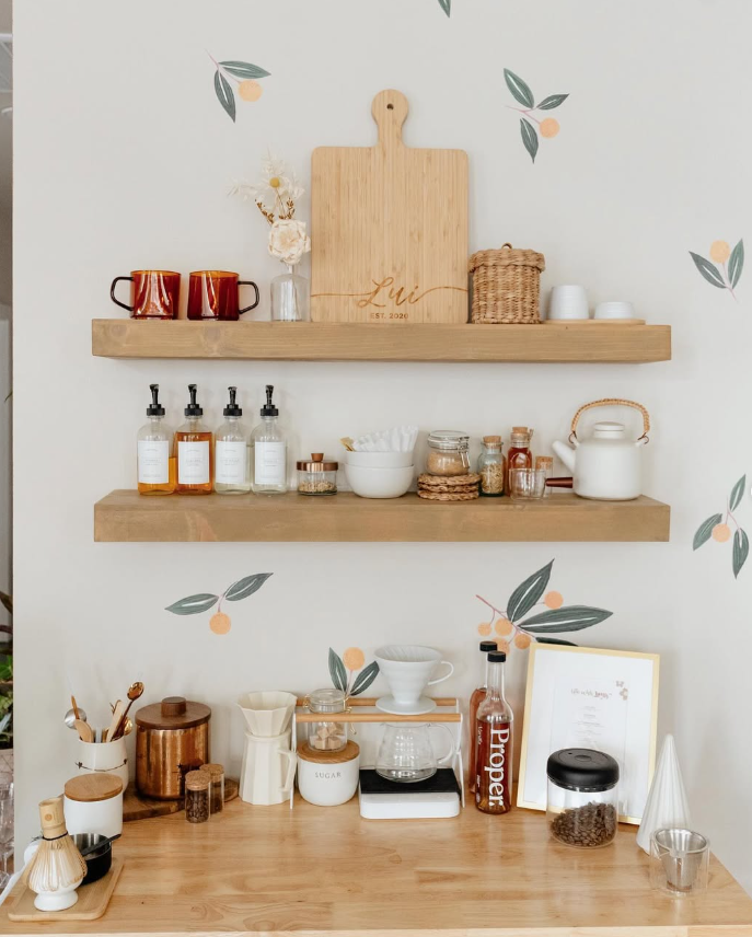 Boho Natural Wood Floating Shelf Coffee Bar