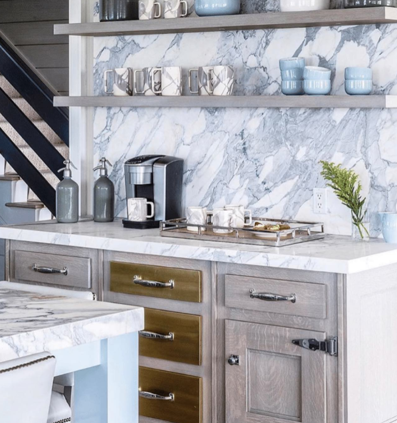 Marble Backsplash Coffee Bar with Open Shelving