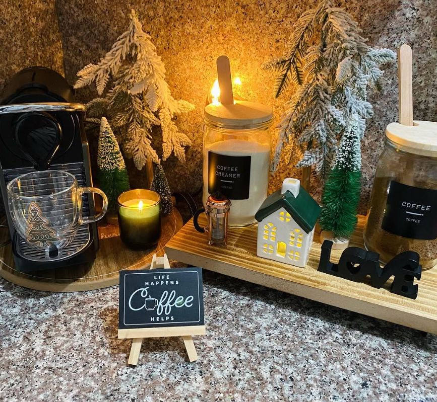 Cozy Winter Coffee Bar with Bottle Tree Decorl
