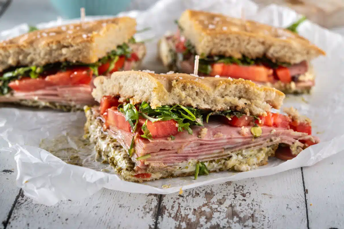 Mortadella, Burrata, and Pesto Focaccia Sandwich
