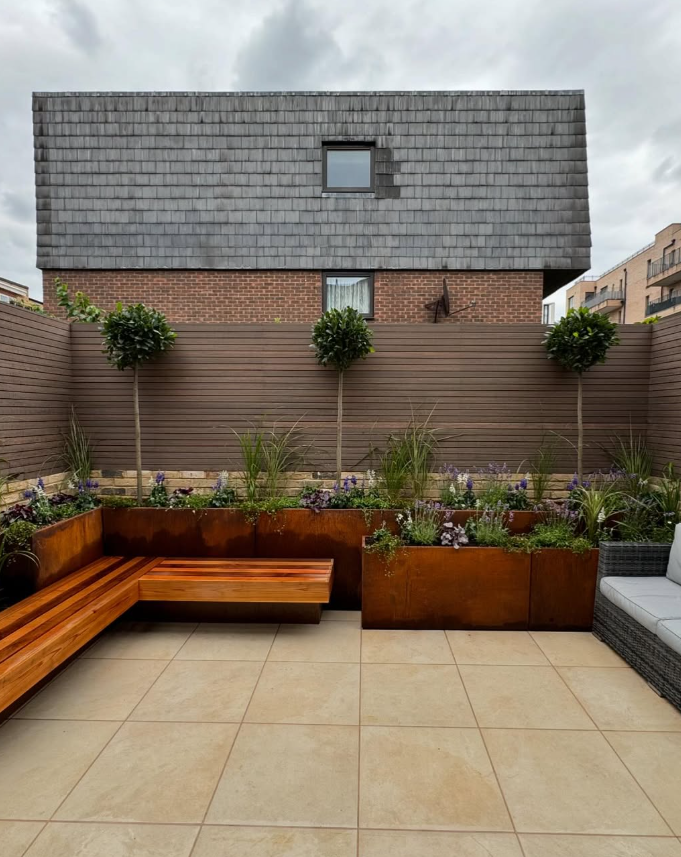 Corten Steel Planters with Wooden Bench Seating