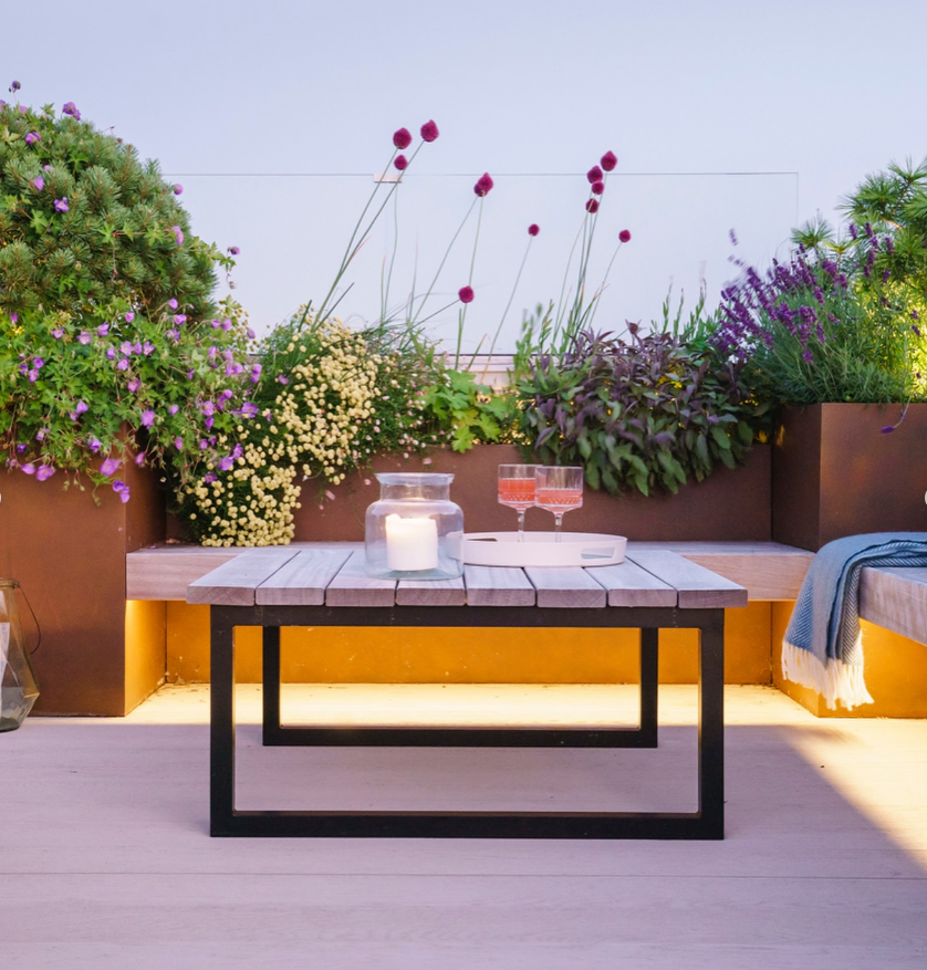 Rooftop Garden with Flower-Filled Planters