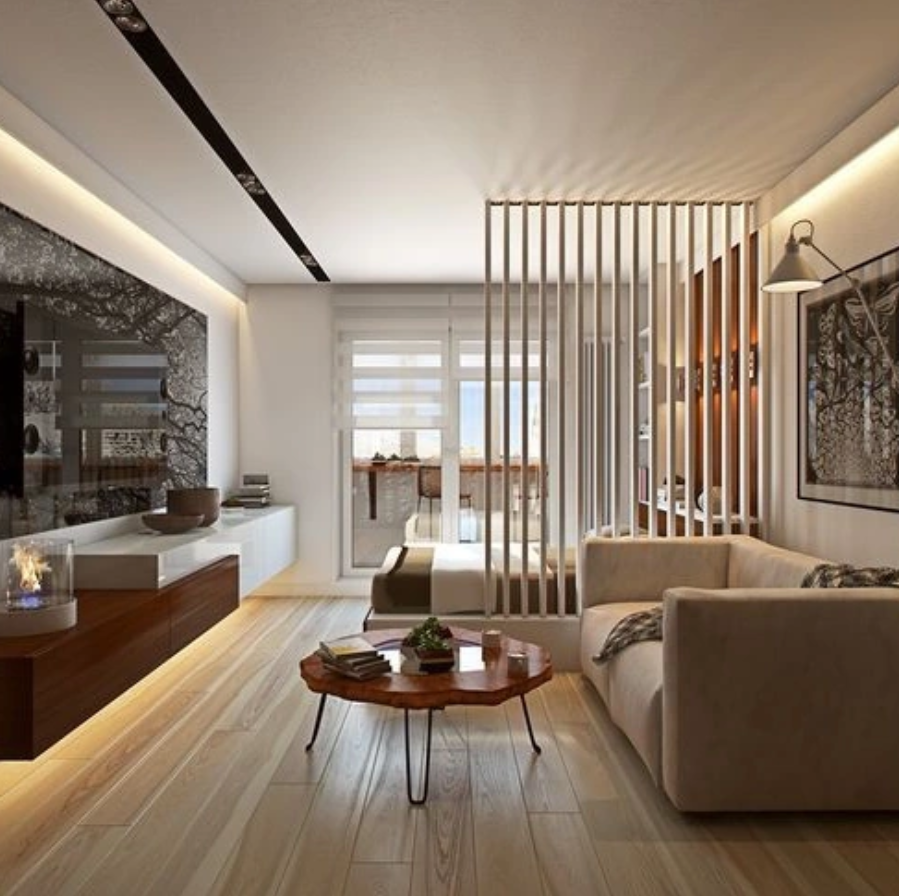 Modern Studio with Slatted Room Divider