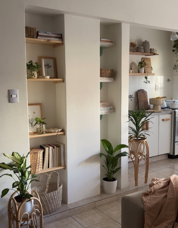 Neutral Boho Studio with Built-In Shelf Divider