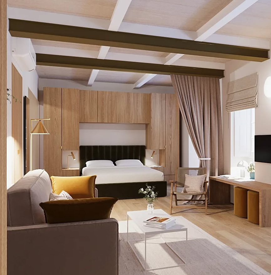 Warm Scandinavian Studio with Exposed Beam Ceiling