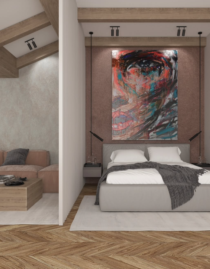 Studio Half-Wall Bedroom Partition and Statement Art