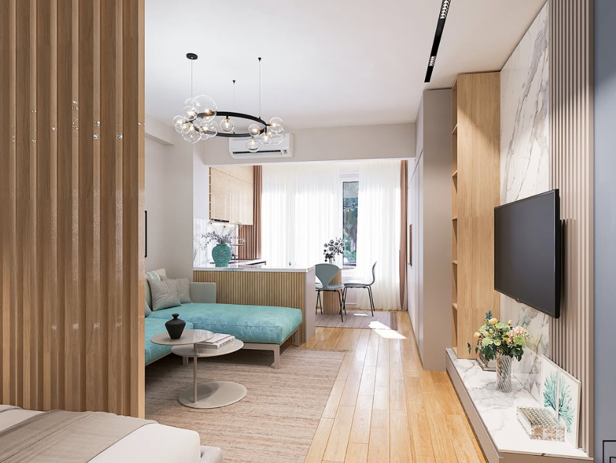 Contemporary Studio with Teal Chaise & Wood Slats