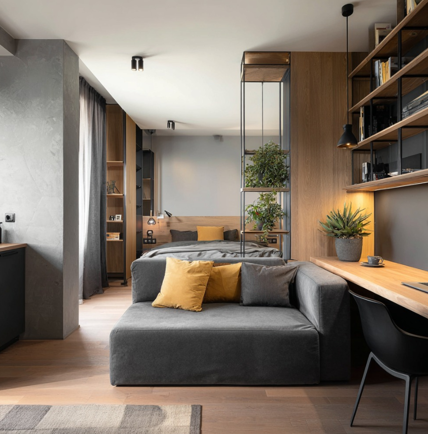 Industrial-Modern Studio with Plant Room Divider