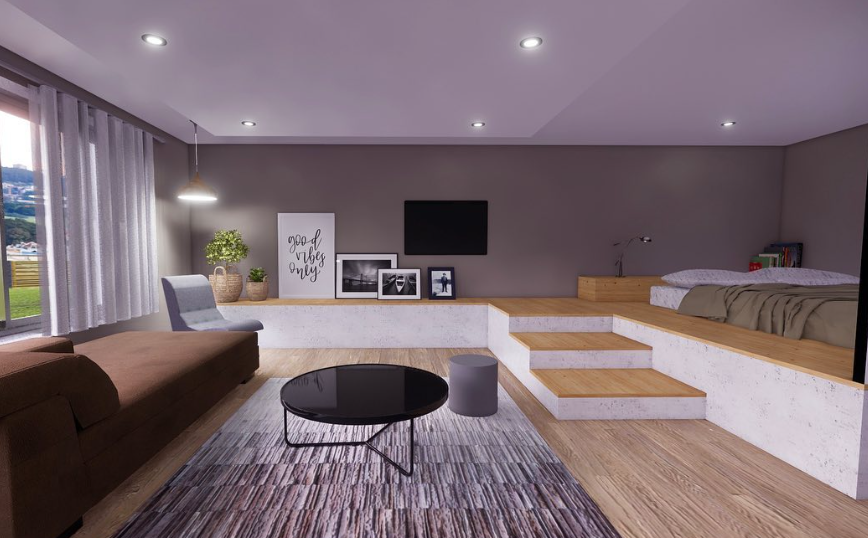 Studio with Raised Sleeping Platform and TV Wall