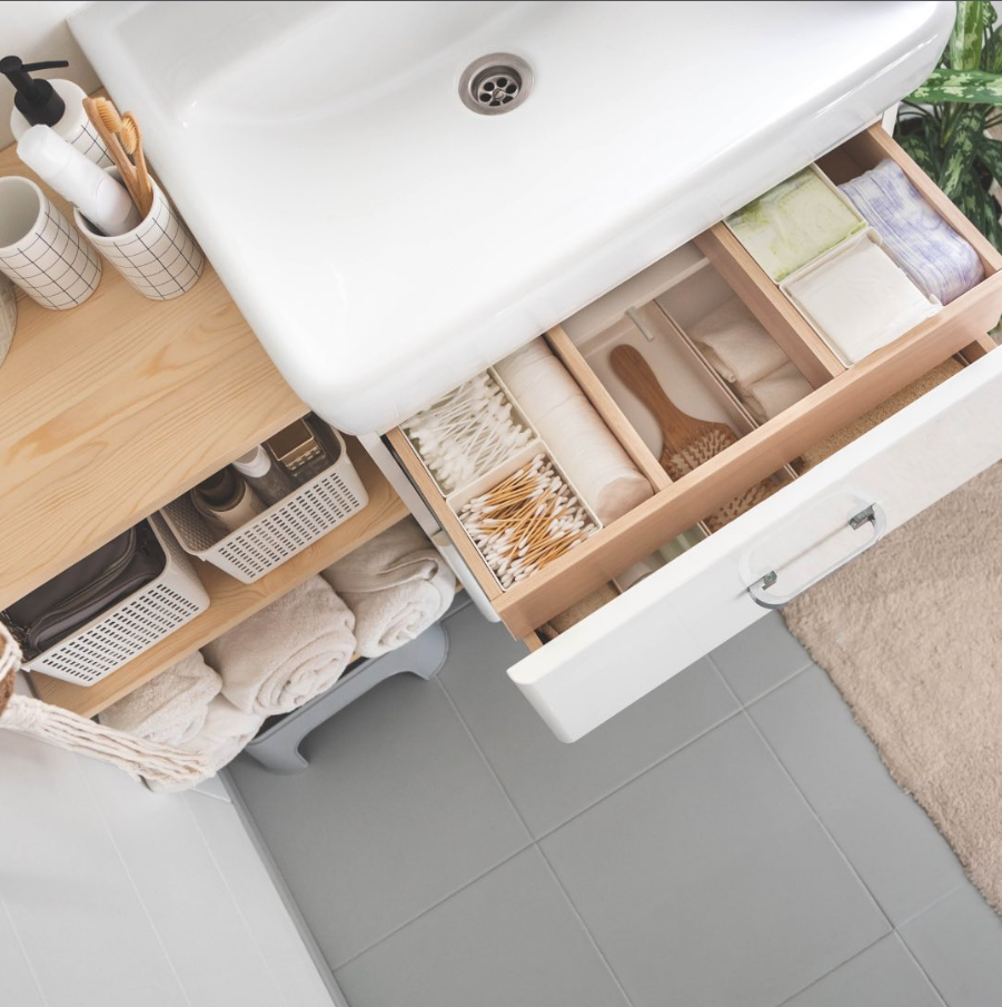 Open Shelf Vanity with Drawer Organizer
