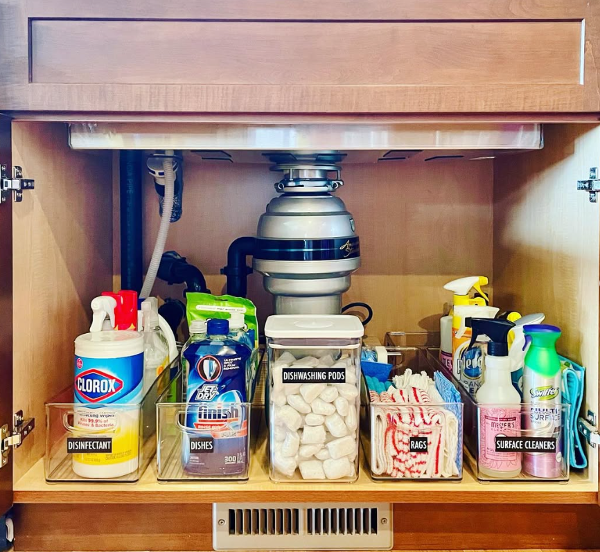 Labeled Clear Bins for Kitchen Cleaning