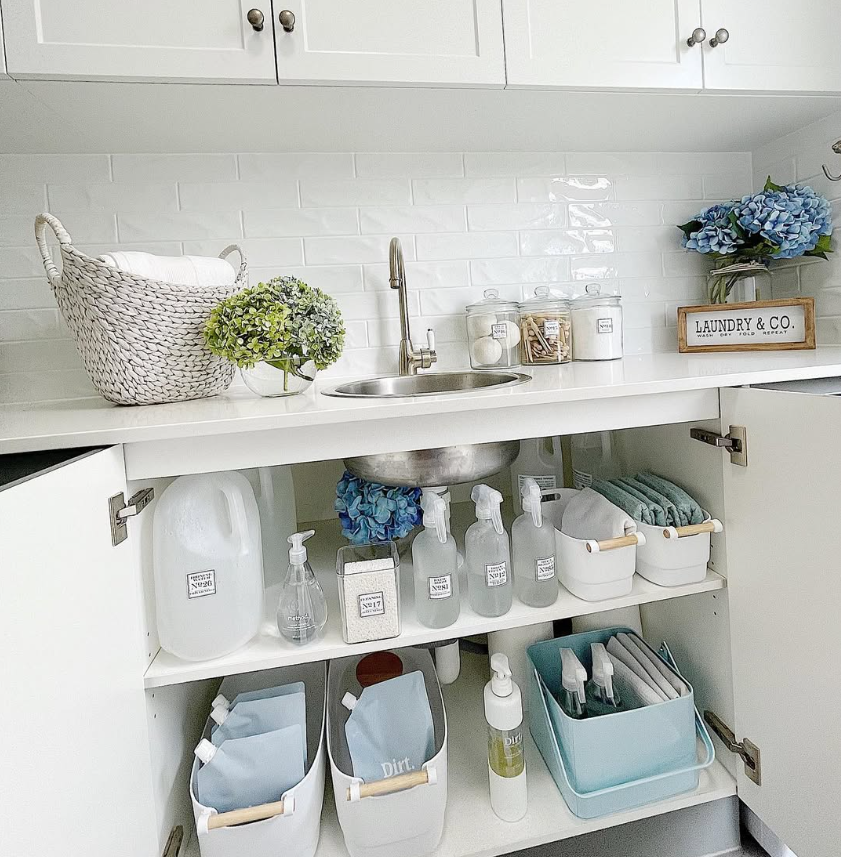 Laundry Sink Cabinet with Refillable Bottles