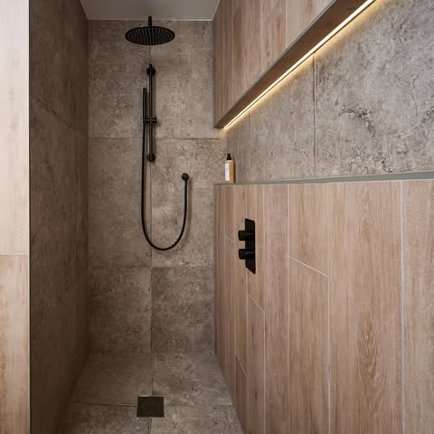 Natural Wood and Stone Spa Shower
