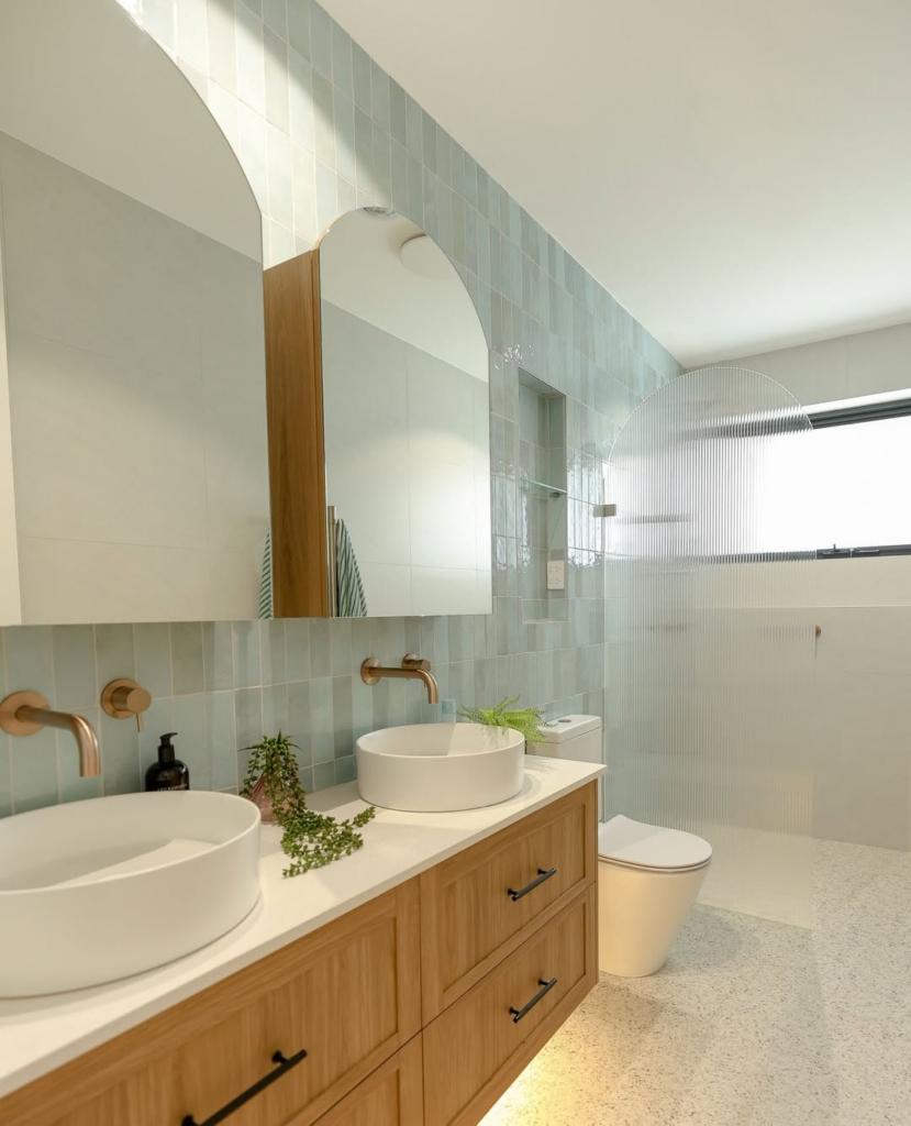 Soft Blue Vertical Tile with Brass