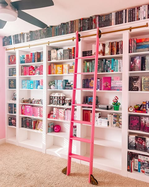 Pink Bookshelf with Rolling Library Ladder