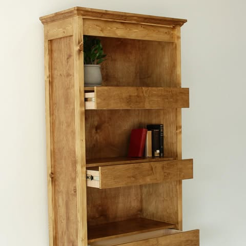 Rustic Wood Bookcase with Pull-Out Drawers