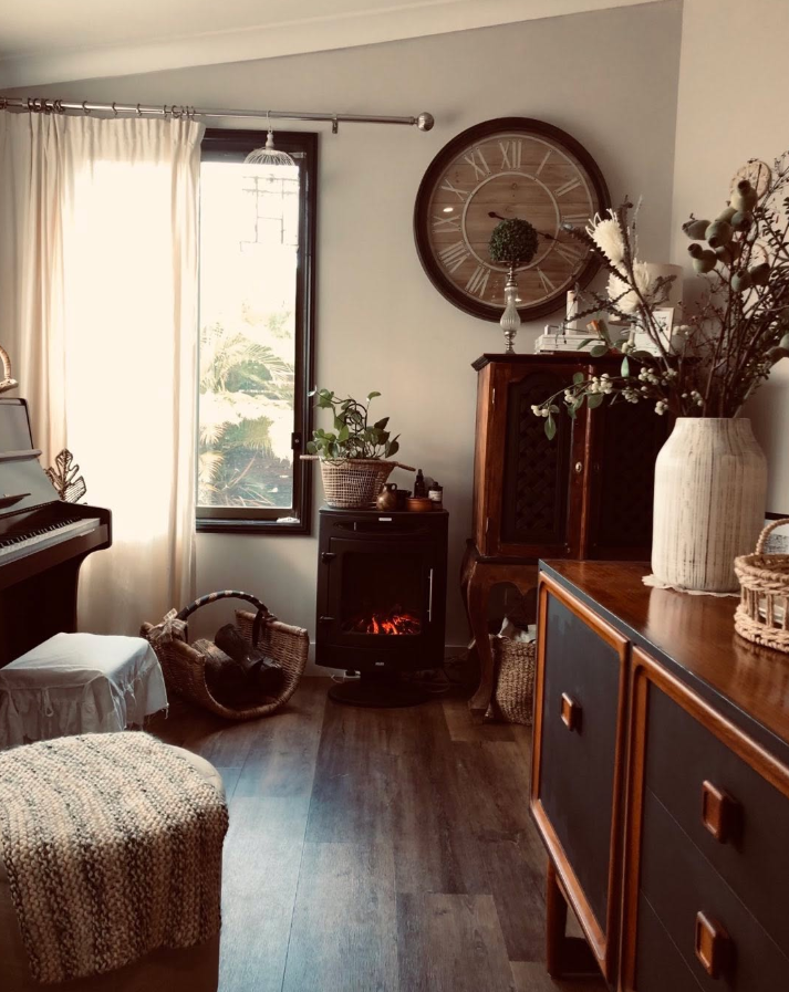 Eclectic Vintage Corner with Piano and Wood Tones