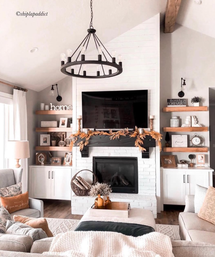 Fall Farmhouse Fireplace with Floating Shelves