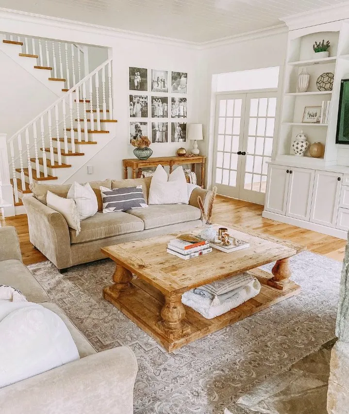 Farmhouse Living Room with Rustic Coffee Table