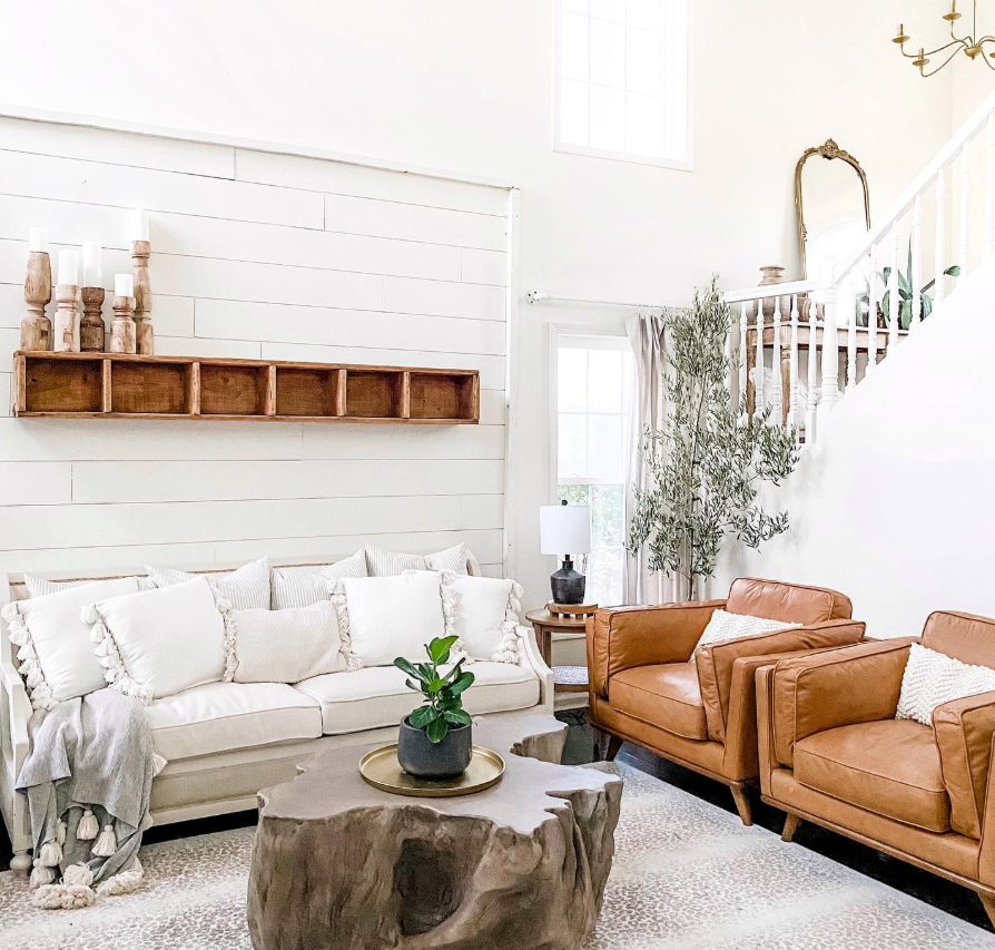 White Shiplap and Tree Trunk Coffee Table