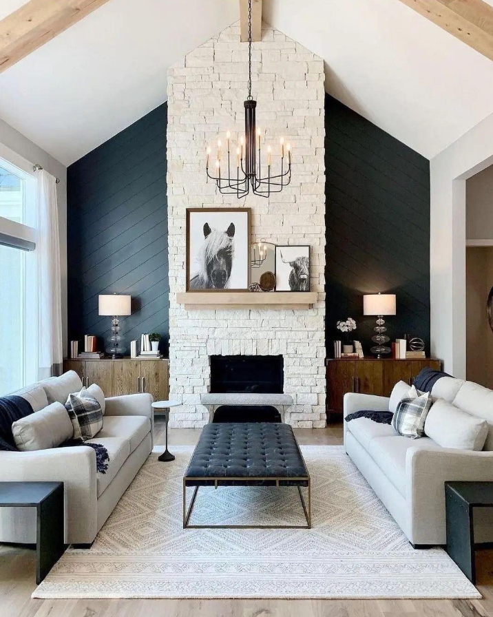 Vaulted Black Shiplap Wall & Long Stone Fireplace