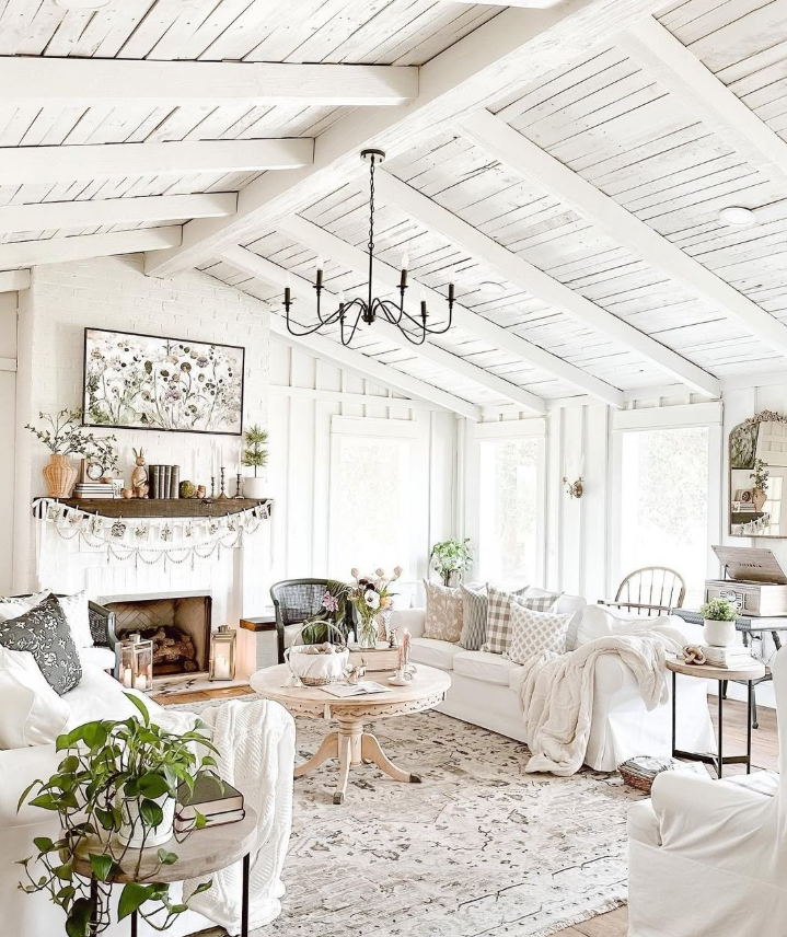 All-White Farmhouse with Painted Wood Beam Ceiling
