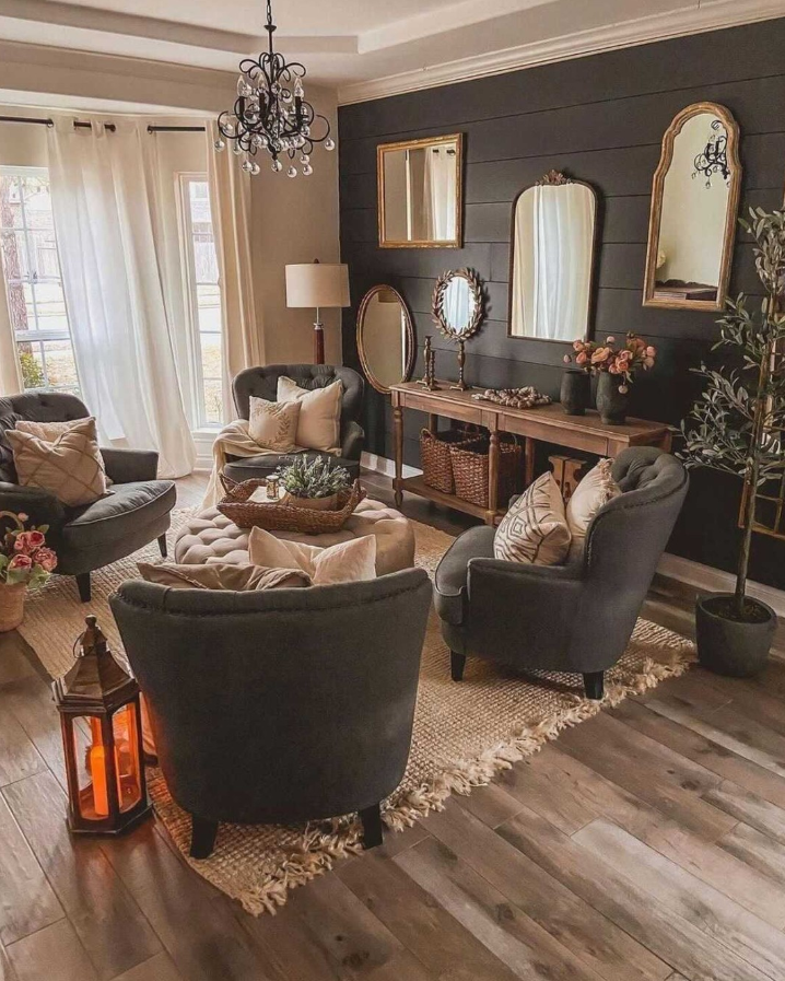 Dark Shiplap Accent Wall with Gold Mirrors
