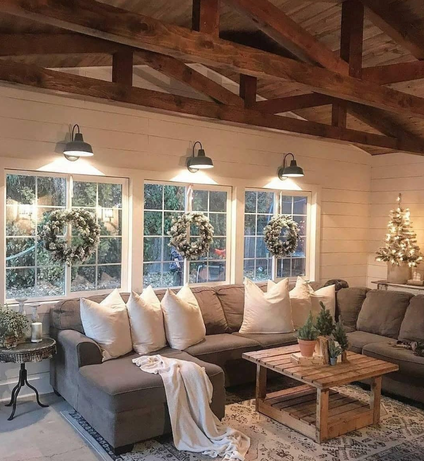 Dark Beam Ceiling Farmhouse with Window Wreaths
