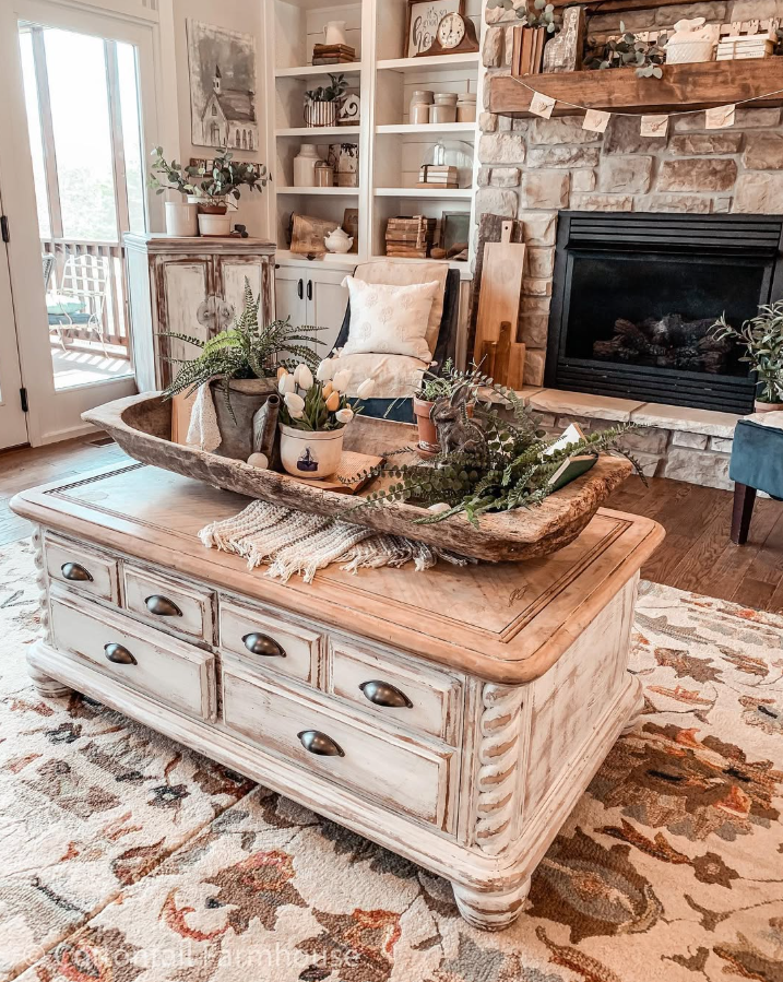 Bowl Centerpiece on a Whitewashed Coffee Table
